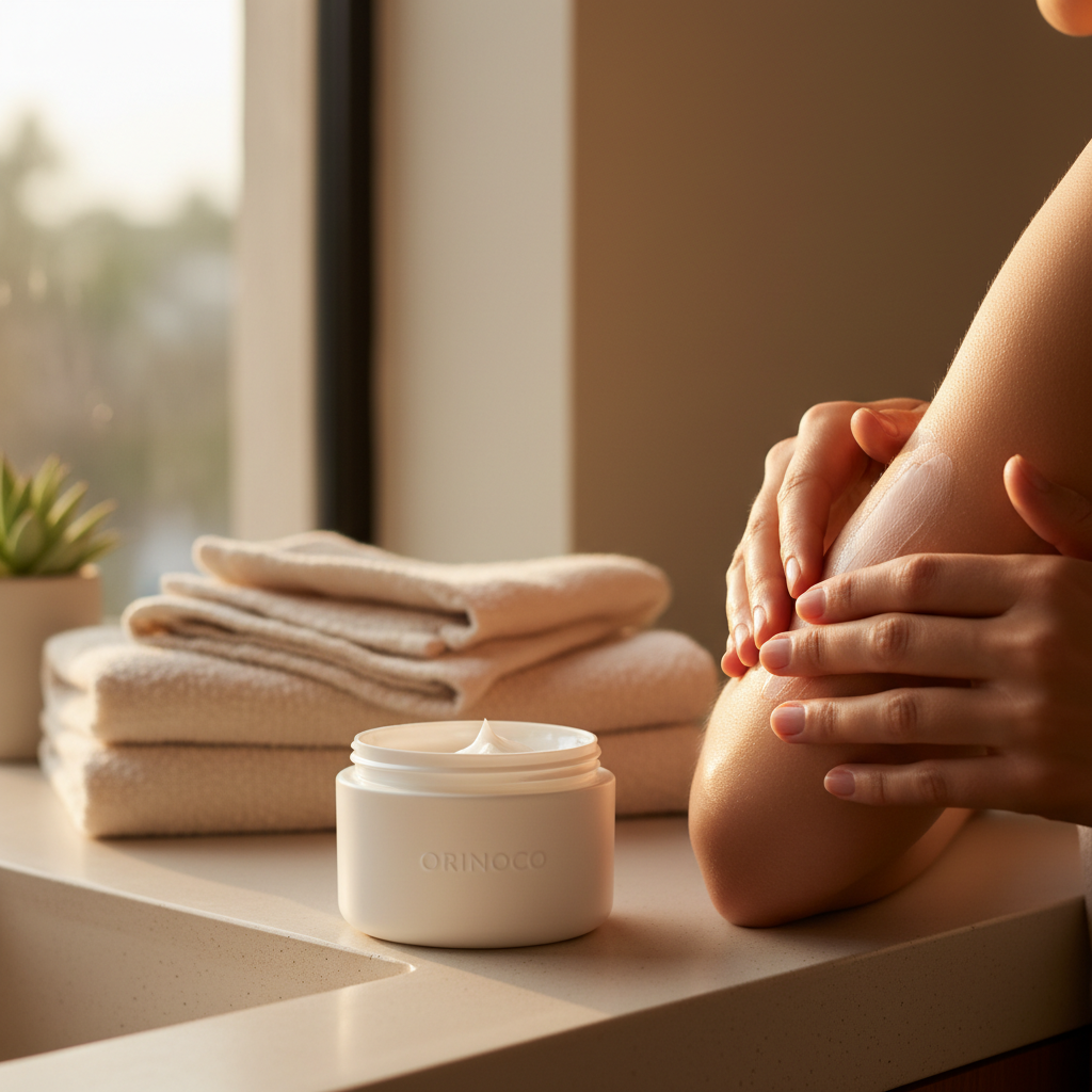 hand applying body balm in a warm, tranquil bathroom setting