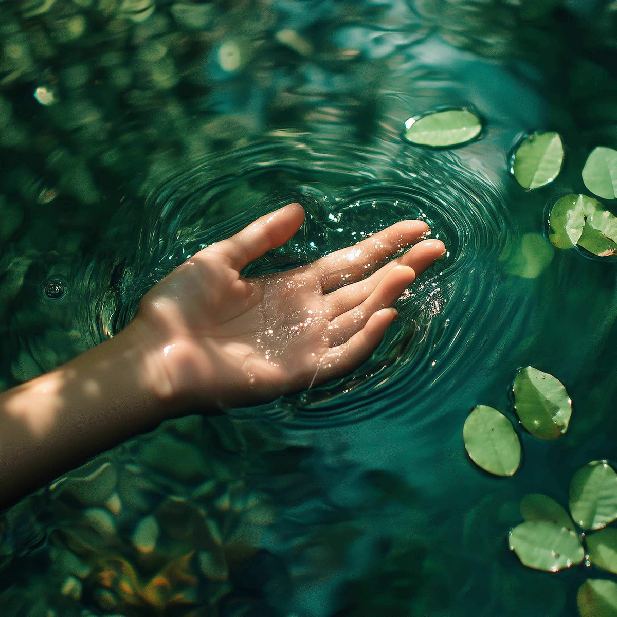A hand gently touching clear turquoise water with ripples and floating green leaves.