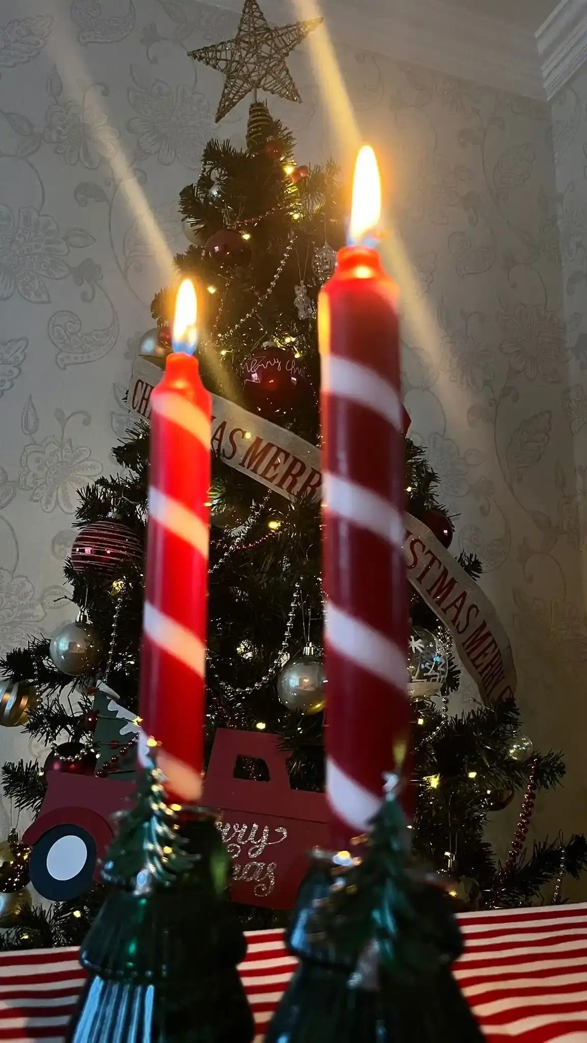 Two lit red and white striped candles in front of a decorated Christmas tree.