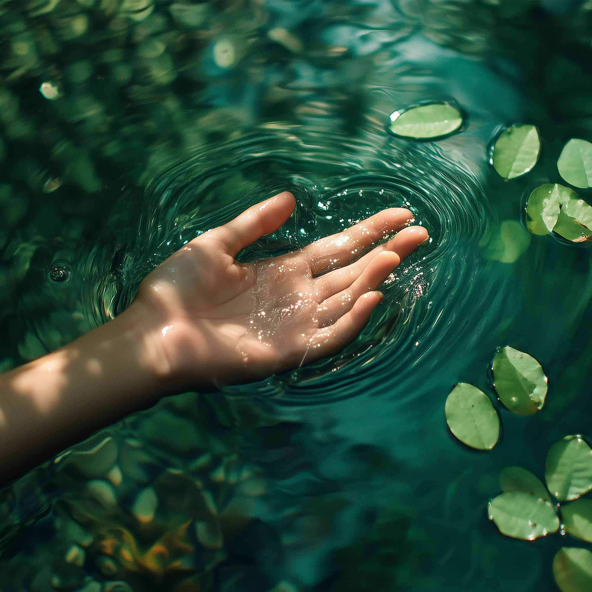 A person's hand reaching into clear, rippling water with floating green leaves.