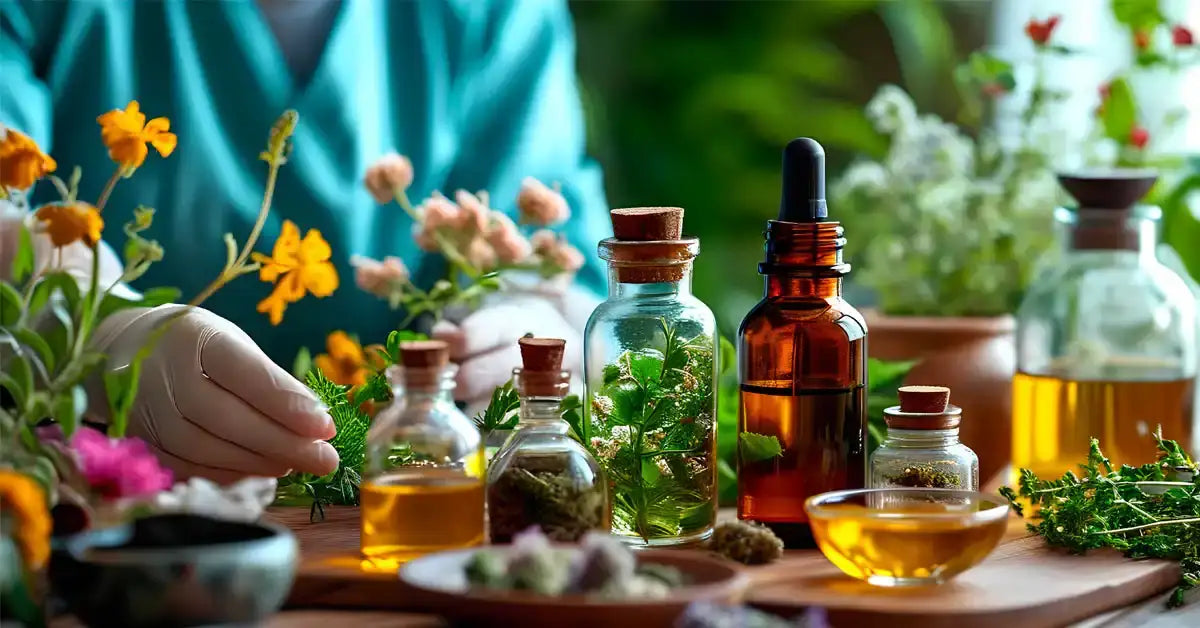 Natural therapeutic botanical oils and herbal extracts in glass apothecary bottles.