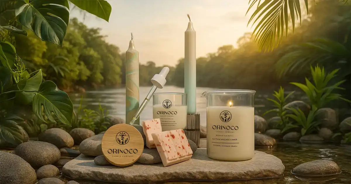 Orinoco therapeutic massage candle, soap bars, and tall candles set on river stones in a jungle.