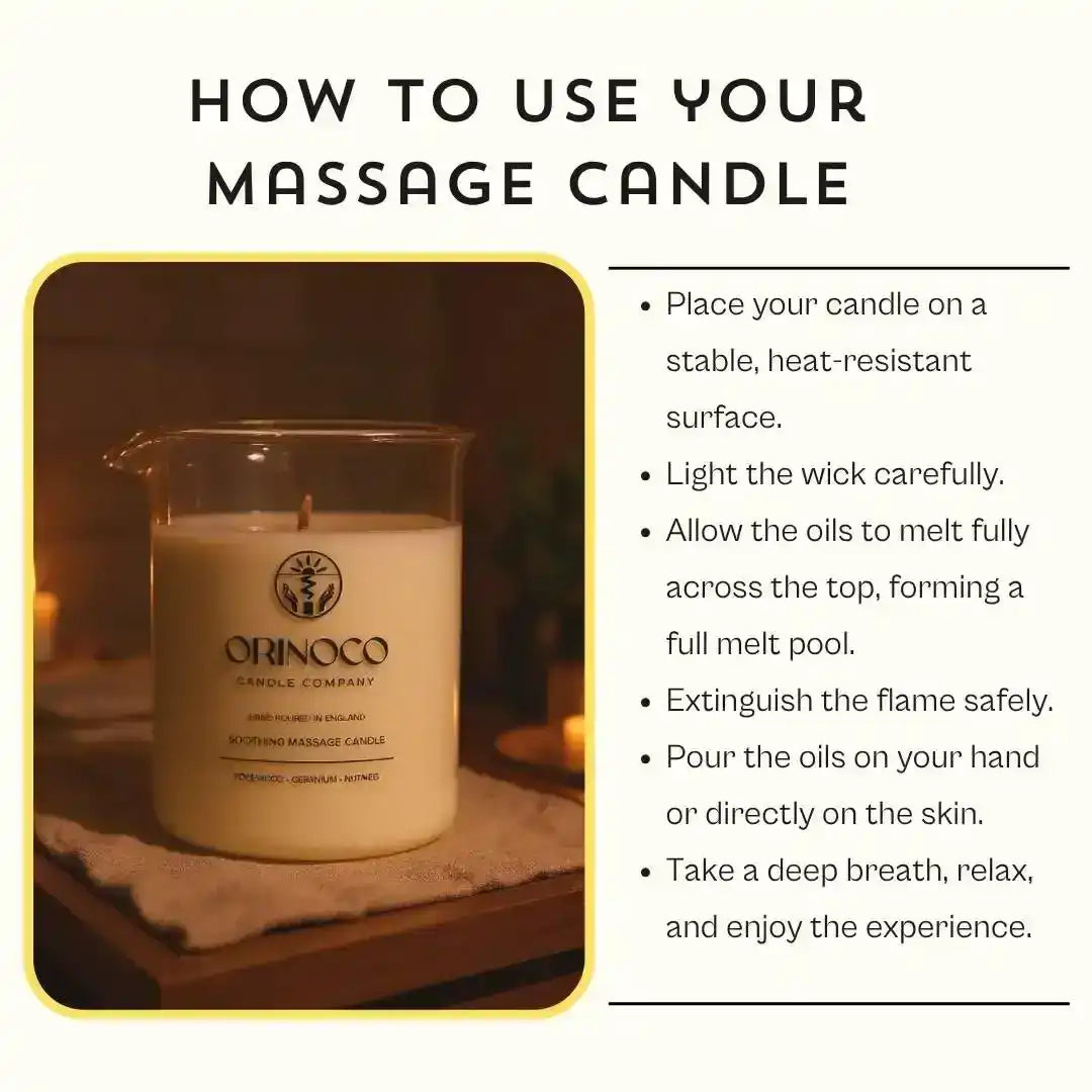 Instructions on how to use an Orinoco Candle Company soothing massage candle.