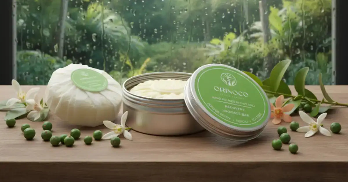 Orinoco Skincare Recovery Massage Bar in a metal tin with white jasmine flowers.