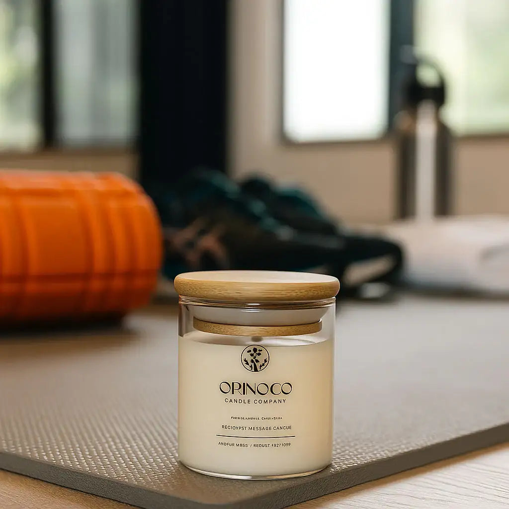 Orinoco Candle Company scented soy wax candle in a glass jar with a wooden lid on a yoga mat.