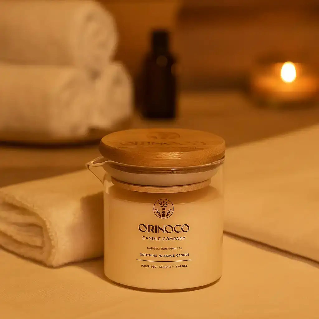 Orinoco Candle Company soothing massage candle in a glass jar with a wooden lid.