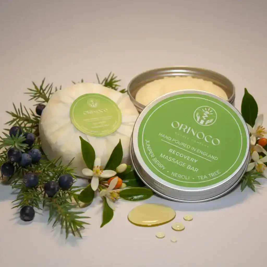 Orinoco Skincare Recovery Massage Bar with juniper berries and botanical accents.