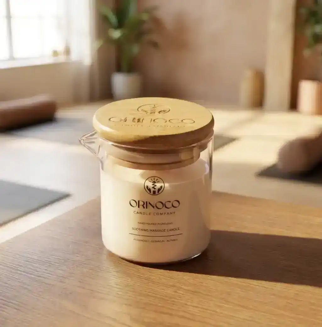 Orinoco Candle Company soothing massage candle with a wooden lid on a wooden table.