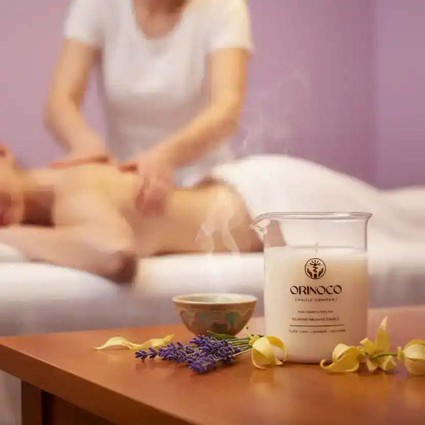 Orinoco scented candle on a table with lavender and flowers in a spa massage setting