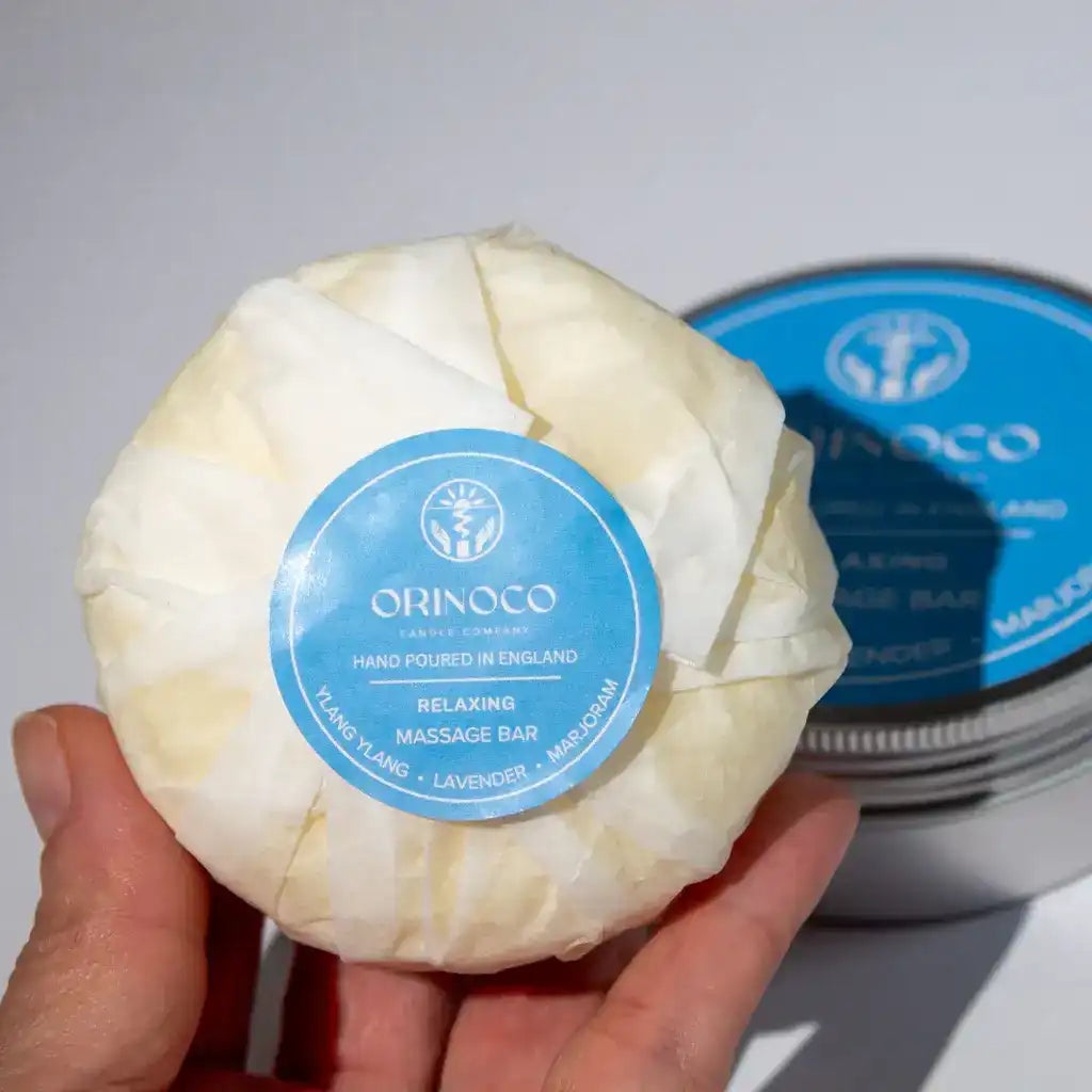 Orinoco Skincare Relaxing Massage Bar with ylang ylang, lavender, and marjoram.
