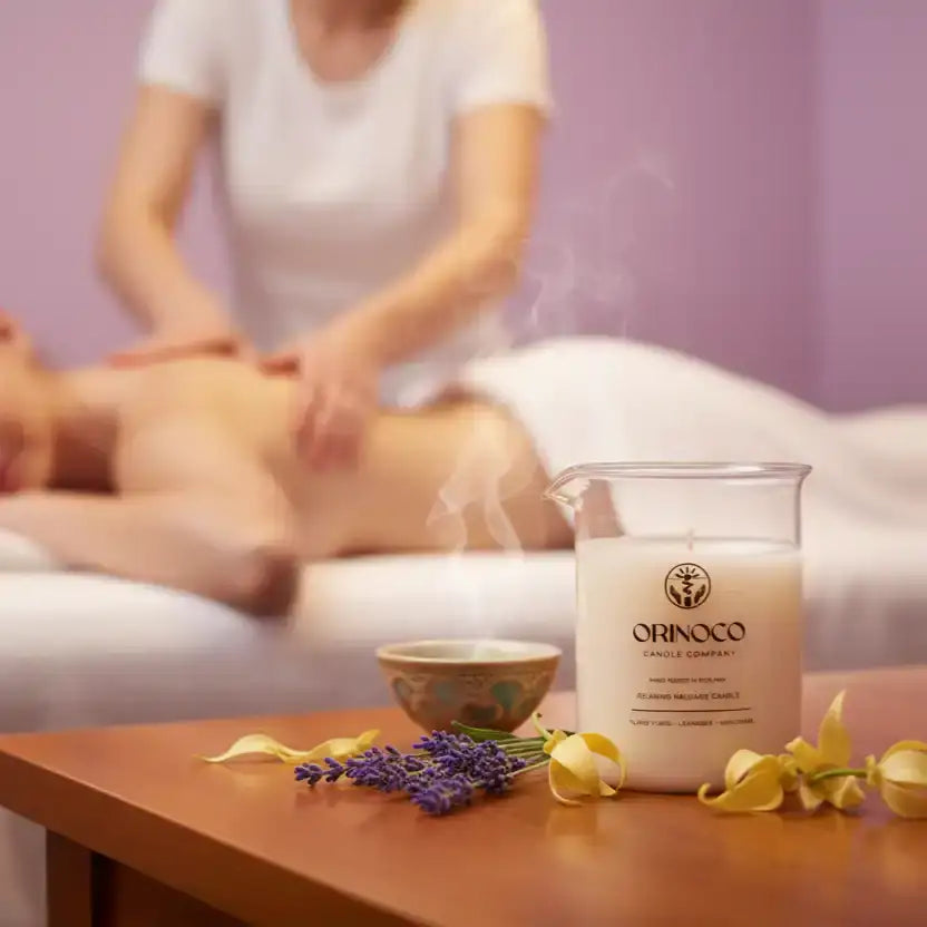 Orinoco Candle Company scented candle burning on a wooden table during a spa massage.