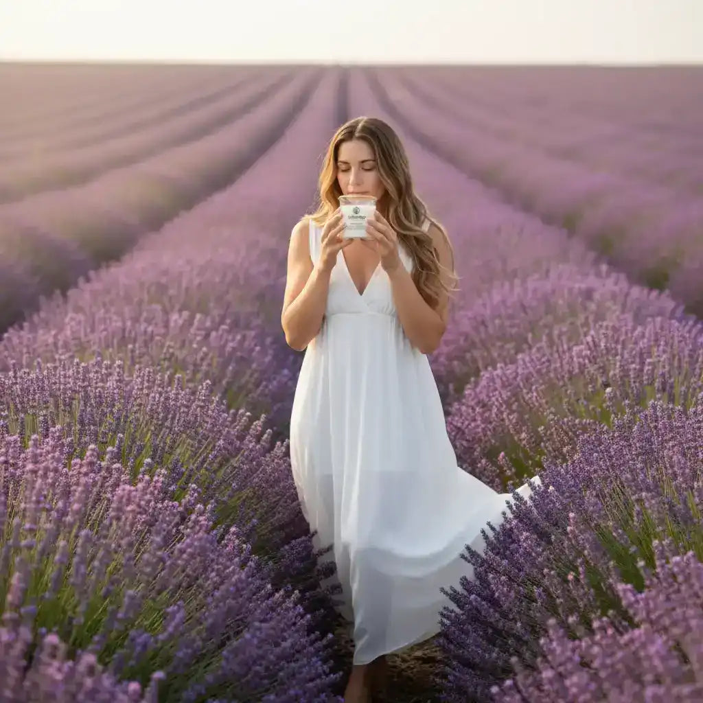 Woman in a white dress smelling a skincare product in a purple lavender field.