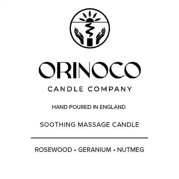 Orinoco Candle Company soothing massage candle with rosewood, geranium, and nutmeg scents.