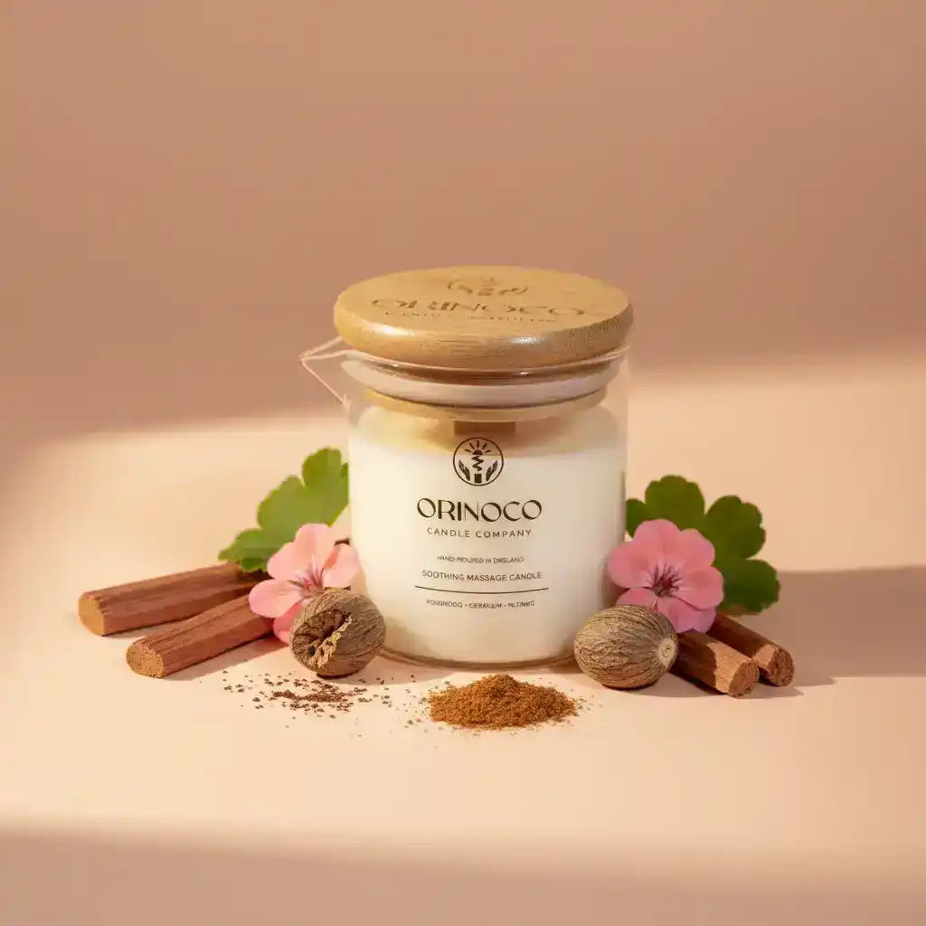 Orinoco Candle Company soothing massage candle with sandalwood and botanical accents