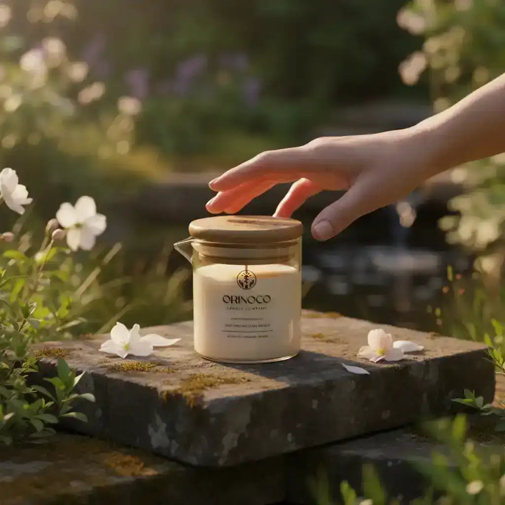 Hand reaching for an Orinoco scented candle on a stone pedestal in a lush garden.