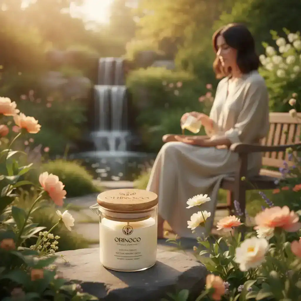 Orinoco scented candle in a garden setting with a woman relaxing by a waterfall.