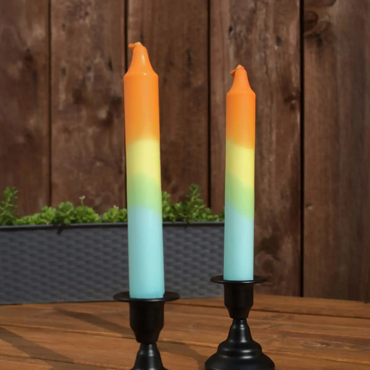 Two ombre colored taper candles in orange, yellow, green, and blue hues in black holders.