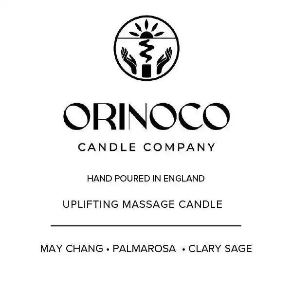 Orinoco Candle Company Uplifting Massage Candle with May Chang, Palmarosa, and Clary Sage.