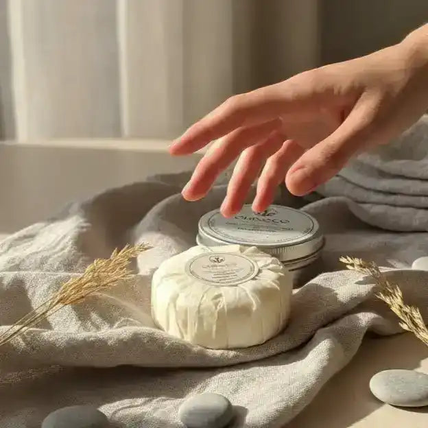Hand reaching for Orinoco skincare cream and balm on a soft linen cloth with dried wheat.
