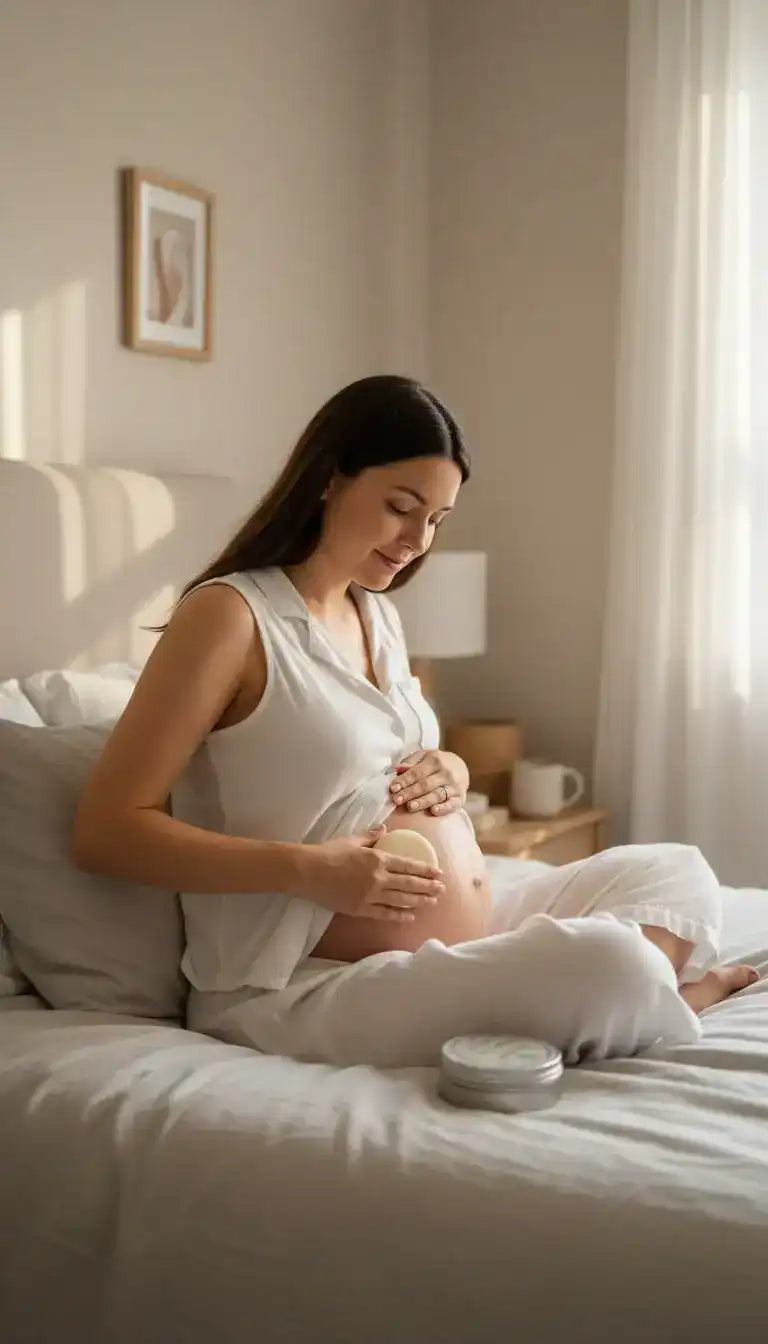Pregnant woman applying moisturizing body cream to her stomach while relaxing on a bed.