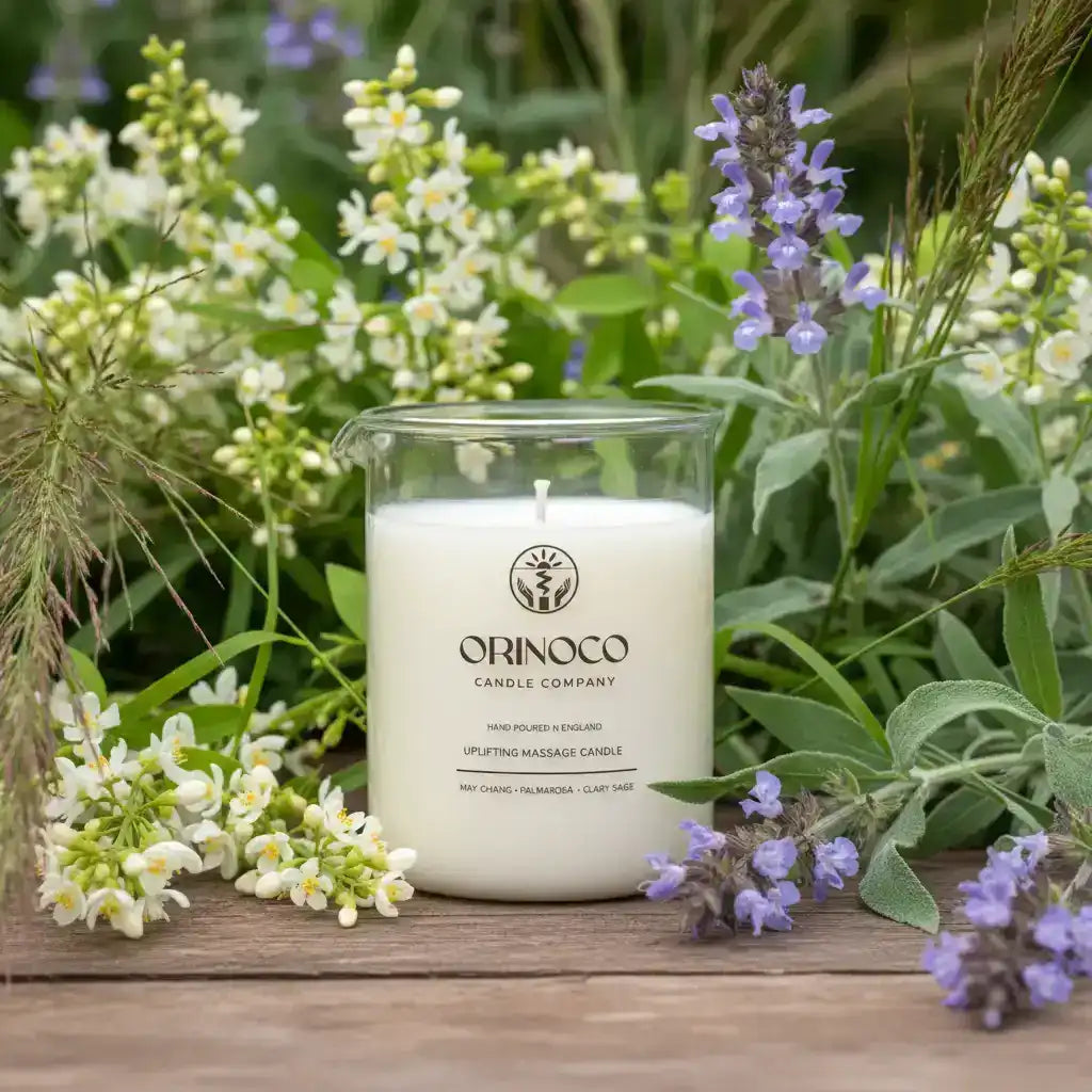 Orinoco Candle Company uplifting massage candle in a glass jar surrounded by white and purple flowers