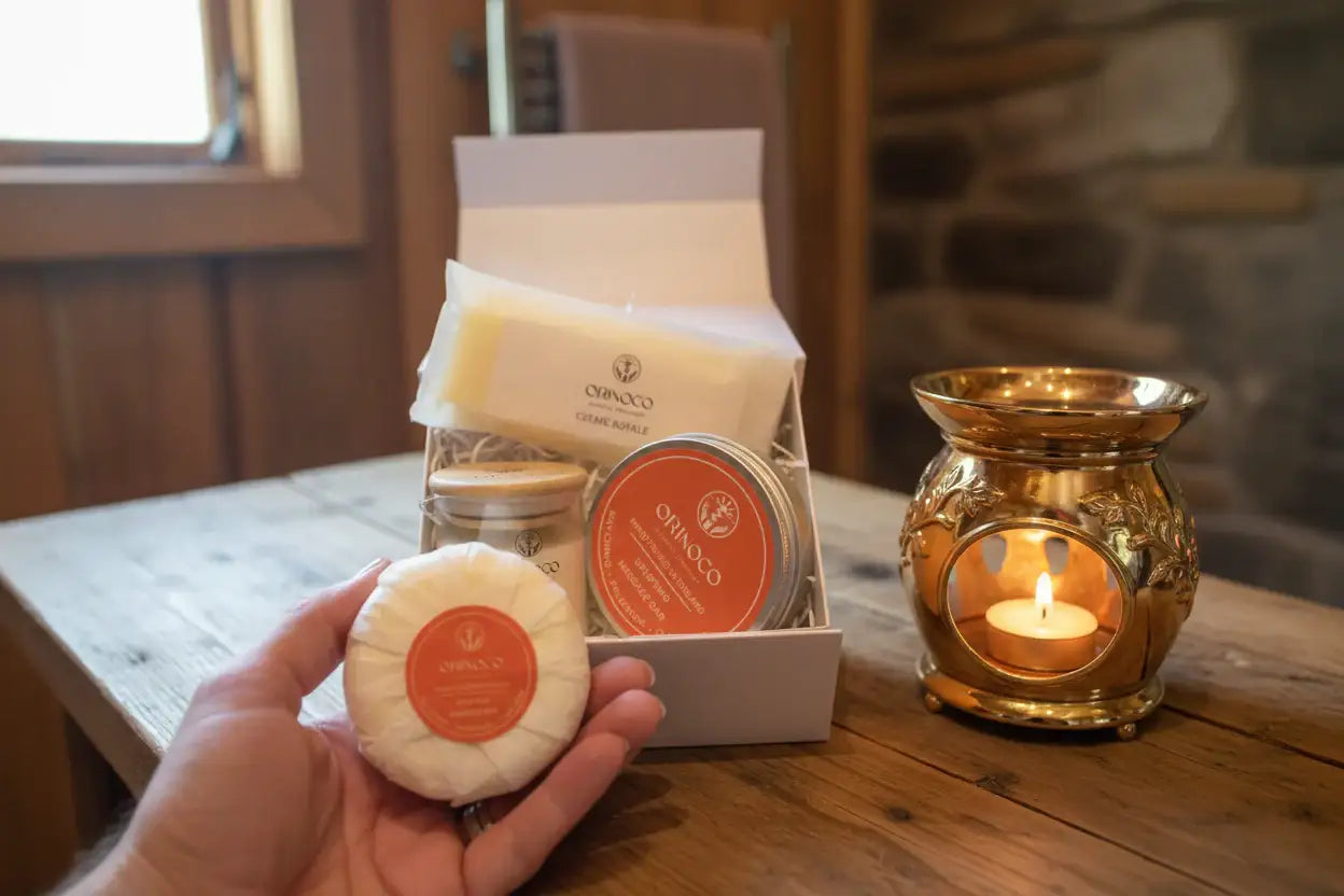 Orinoco Skincare gift box with natural cream, balm, and a gold candle warmer on a wooden table.