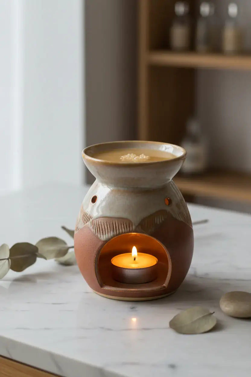 Ceramic essential oil burner with a lit tea light candle and aromatic oil on a marble surface.