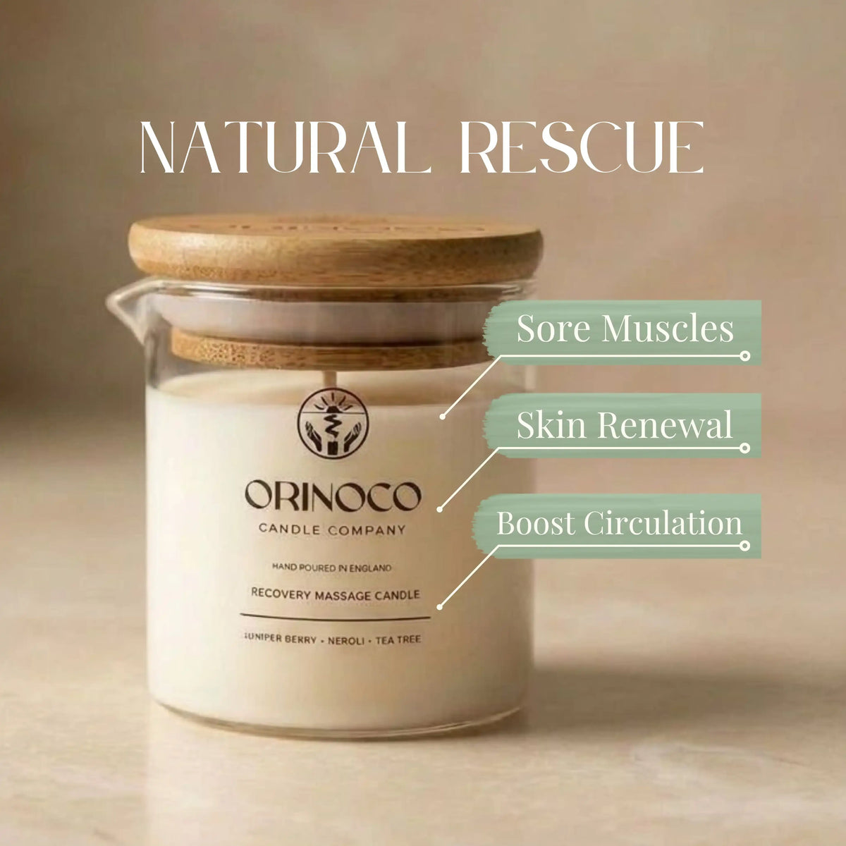 Orinoco Candle Company recovery massage candle for sore muscles and skin renewal.