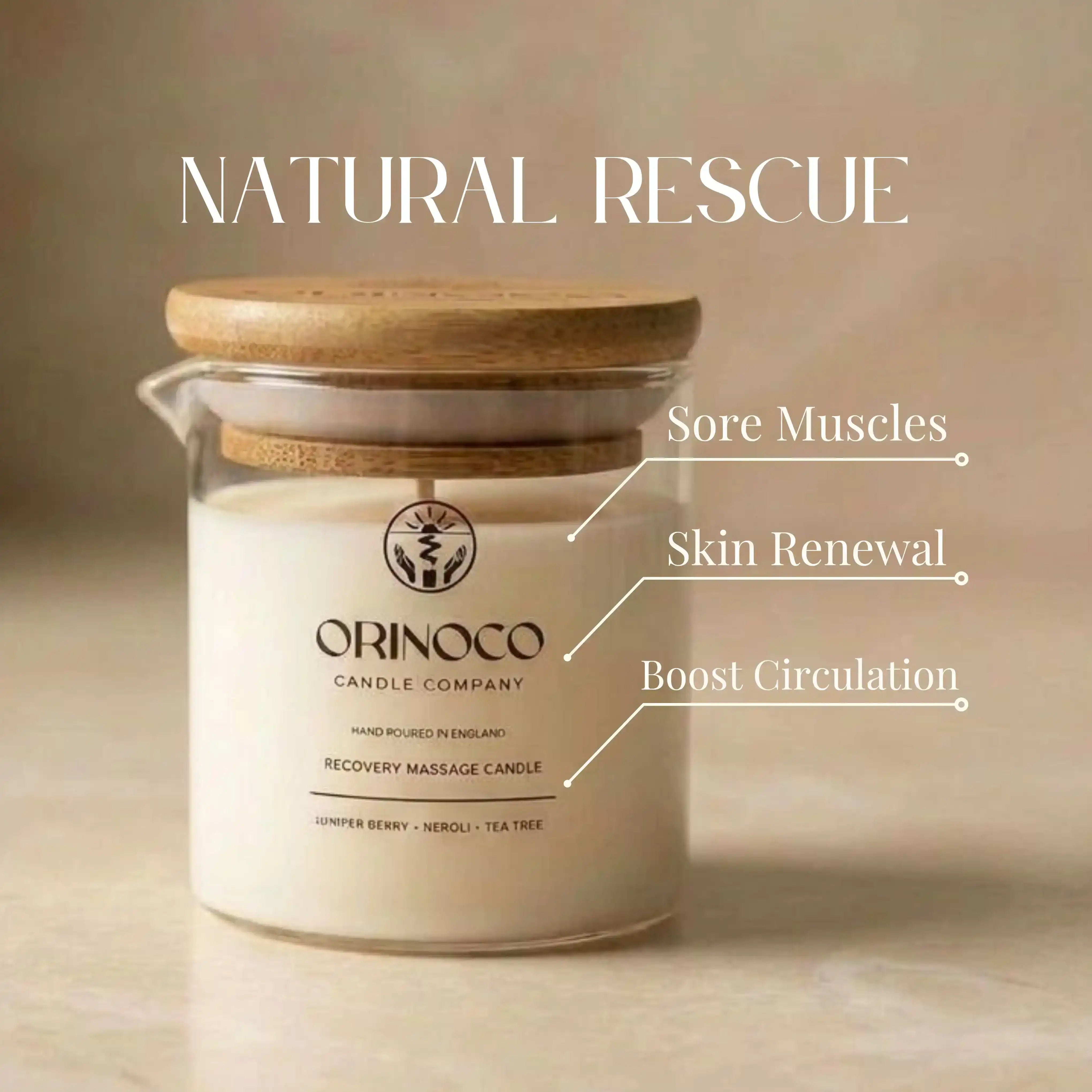Orinoco Skincare recovery massage candle for sore muscles, skin renewal, and circulation.