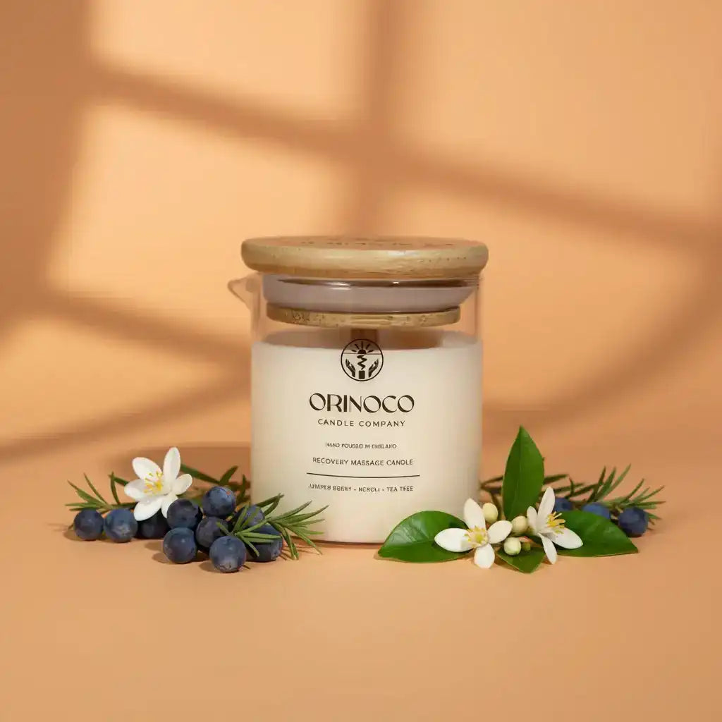 Orinoco Candle Company recovery massage candle with blueberries and white flowers