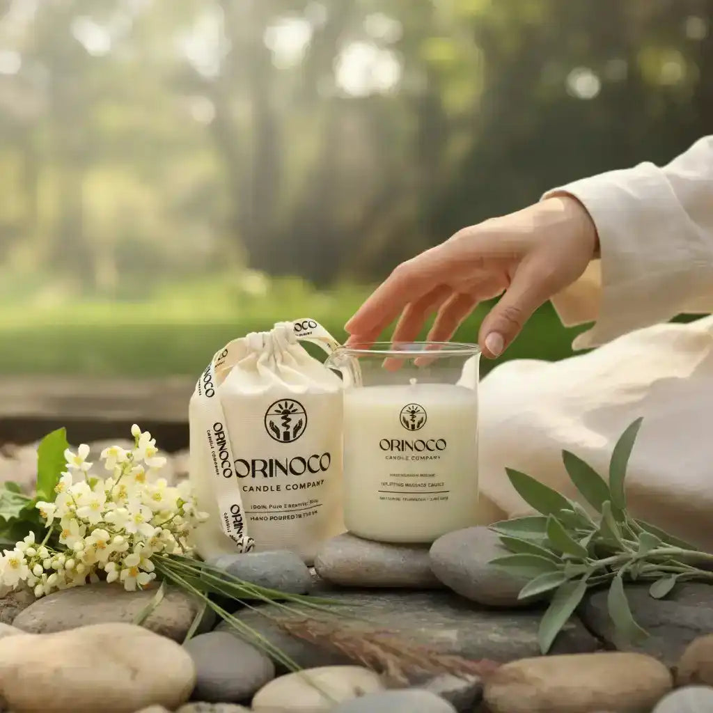 Orinoco Candle Company massage candle and gift bag set on river stones with white flowers.